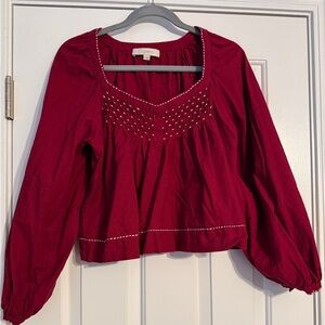 LOFT Burgundy Blouse with Embroidered Details Size Small